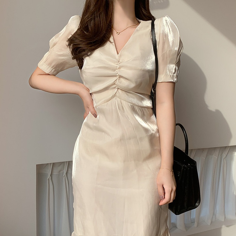 レディース ドレス パーティードレス パーティー 結婚式 二次会 膝下 半袖 パフスリーブ Vネック マーメイド スレンダー バックリボン サテン 薄手 きれいめ シンプル 上品 エレガント レディース ドレス パーティードレス パーティー 結婚式 二次会 膝下 半袖 パフスリーブ Vネック マーメイド スレンダー バックリボン サテン 薄手 きれいめ シンプル 上品 エレガント