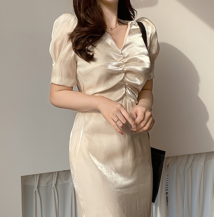 レディース ドレス パーティードレス パーティー 結婚式 二次会 膝下 半袖 パフスリーブ Vネック マーメイド スレンダー バックリボン サテン 薄手 きれいめ シンプル 上品 エレガント レディース ドレス パーティードレス パーティー 結婚式 二次会 膝下 半袖 パフスリーブ Vネック マーメイド スレンダー バックリボン サテン 薄手 きれいめ シンプル 上品 エレガント
