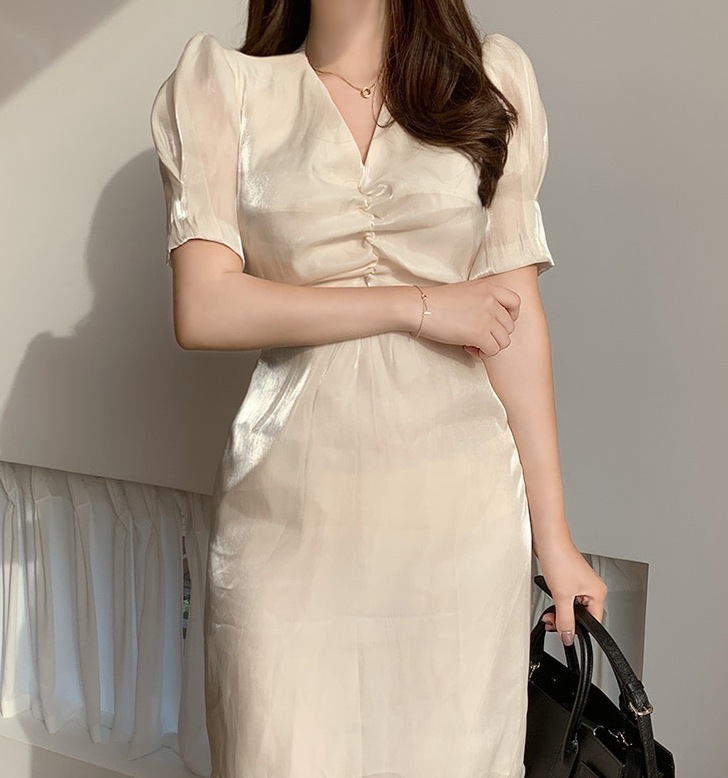 レディース ドレス パーティードレス パーティー 結婚式 二次会 膝下 半袖 パフスリーブ Vネック マーメイド スレンダー バックリボン サテン 薄手 きれいめ シンプル 上品 エレガント レディース ドレス パーティードレス パーティー 結婚式 二次会 膝下 半袖 パフスリーブ Vネック マーメイド スレンダー バックリボン サテン 薄手 きれいめ シンプル 上品 エレガント