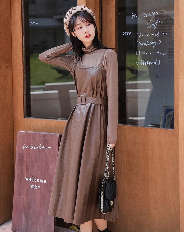 セットアップ カットソー ワンピース キャミワンピ プリーツワンピース ミモレ丈 ロング丈 萌袖 ハイネック Aライン ベルト ウエストマーク PU PUレザー 2点セット ツーピース かわいい セットアップ カットソー ワンピース キャミワンピ プリーツワンピース ミモレ丈 ロング丈 萌袖 ハイネック Aライン ベルト ウエストマーク PU PUレザー 2点セット ツーピース かわいい