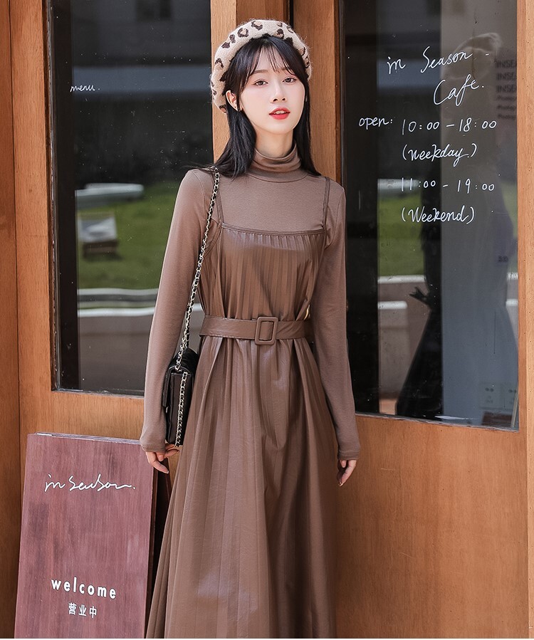 セットアップ カットソー ワンピース キャミワンピ プリーツワンピース ミモレ丈 ロング丈 萌袖 ハイネック Aライン ベルト ウエストマーク PU PUレザー 2点セット ツーピース かわいい セットアップ カットソー ワンピース キャミワンピ プリーツワンピース ミモレ丈 ロング丈 萌袖 ハイネック Aライン ベルト ウエストマーク PU PUレザー 2点セット ツーピース かわいい