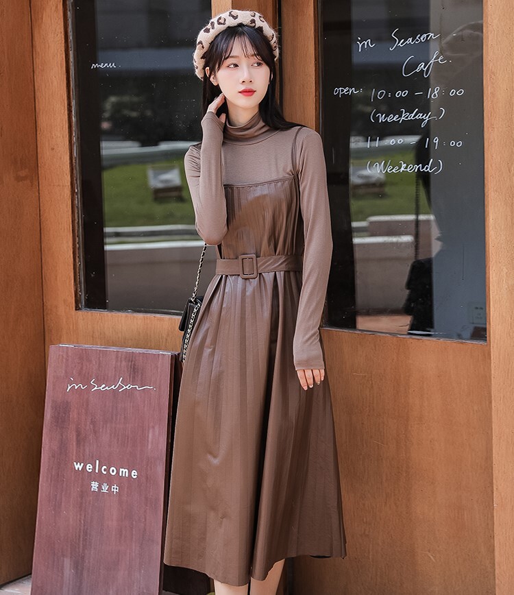 セットアップ カットソー ワンピース キャミワンピ プリーツワンピース ミモレ丈 ロング丈 萌袖 ハイネック Aライン ベルト ウエストマーク PU PUレザー 2点セット ツーピース かわいい セットアップ カットソー ワンピース キャミワンピ プリーツワンピース ミモレ丈 ロング丈 萌袖 ハイネック Aライン ベルト ウエストマーク PU PUレザー 2点セット ツーピース かわいい