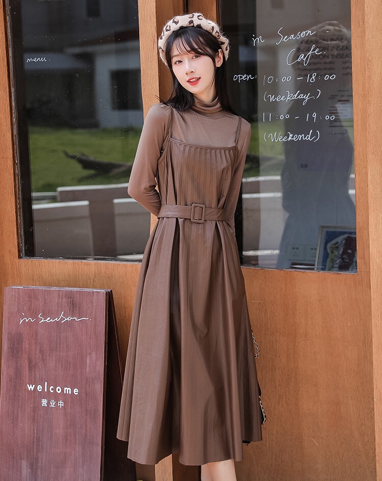 セットアップ カットソー ワンピース キャミワンピ プリーツワンピース ミモレ丈 ロング丈 萌袖 ハイネック Aライン ベルト ウエストマーク PU PUレザー 2点セット ツーピース かわいい セットアップ カットソー ワンピース キャミワンピ プリーツワンピース ミモレ丈 ロング丈 萌袖 ハイネック Aライン ベルト ウエストマーク PU PUレザー 2点セット ツーピース かわいい