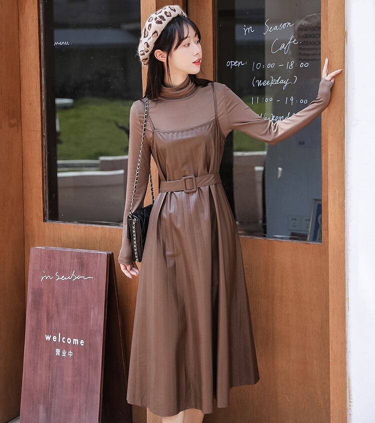 セットアップ カットソー ワンピース キャミワンピ プリーツワンピース ミモレ丈 ロング丈 萌袖 ハイネック Aライン ベルト ウエストマーク PU PUレザー 2点セット ツーピース かわいい セットアップ カットソー ワンピース キャミワンピ プリーツワンピース ミモレ丈 ロング丈 萌袖 ハイネック Aライン ベルト ウエストマーク PU PUレザー 2点セット ツーピース かわいい