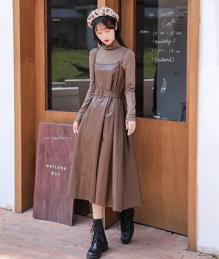 セットアップ カットソー ワンピース キャミワンピ プリーツワンピース ミモレ丈 ロング丈 萌袖 ハイネック Aライン ベルト ウエストマーク PU PUレザー 2点セット ツーピース かわいい セットアップ カットソー ワンピース キャミワンピ プリーツワンピース ミモレ丈 ロング丈 萌袖 ハイネック Aライン ベルト ウエストマーク PU PUレザー 2点セット ツーピース かわいい