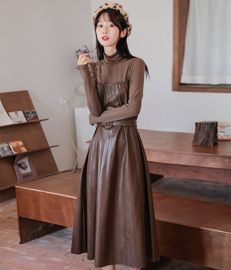 セットアップ カットソー ワンピース キャミワンピ プリーツワンピース ミモレ丈 ロング丈 萌袖 ハイネック Aライン ベルト ウエストマーク PU PUレザー 2点セット ツーピース かわいい セットアップ カットソー ワンピース キャミワンピ プリーツワンピース ミモレ丈 ロング丈 萌袖 ハイネック Aライン ベルト ウエストマーク PU PUレザー 2点セット ツーピース かわいい