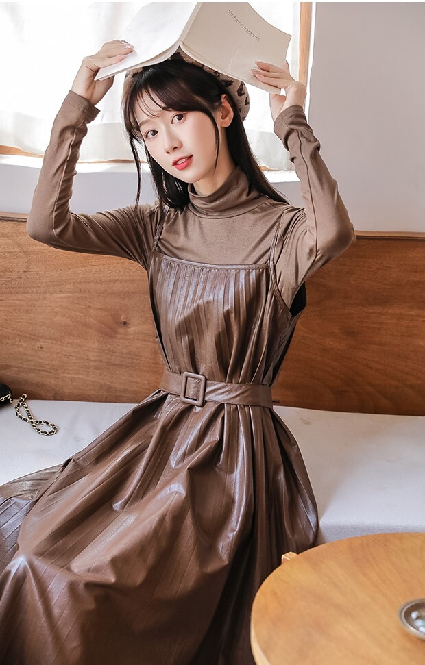 セットアップ カットソー ワンピース キャミワンピ プリーツワンピース ミモレ丈 ロング丈 萌袖 ハイネック Aライン ベルト ウエストマーク PU PUレザー 2点セット ツーピース かわいい セットアップ カットソー ワンピース キャミワンピ プリーツワンピース ミモレ丈 ロング丈 萌袖 ハイネック Aライン ベルト ウエストマーク PU PUレザー 2点セット ツーピース かわいい