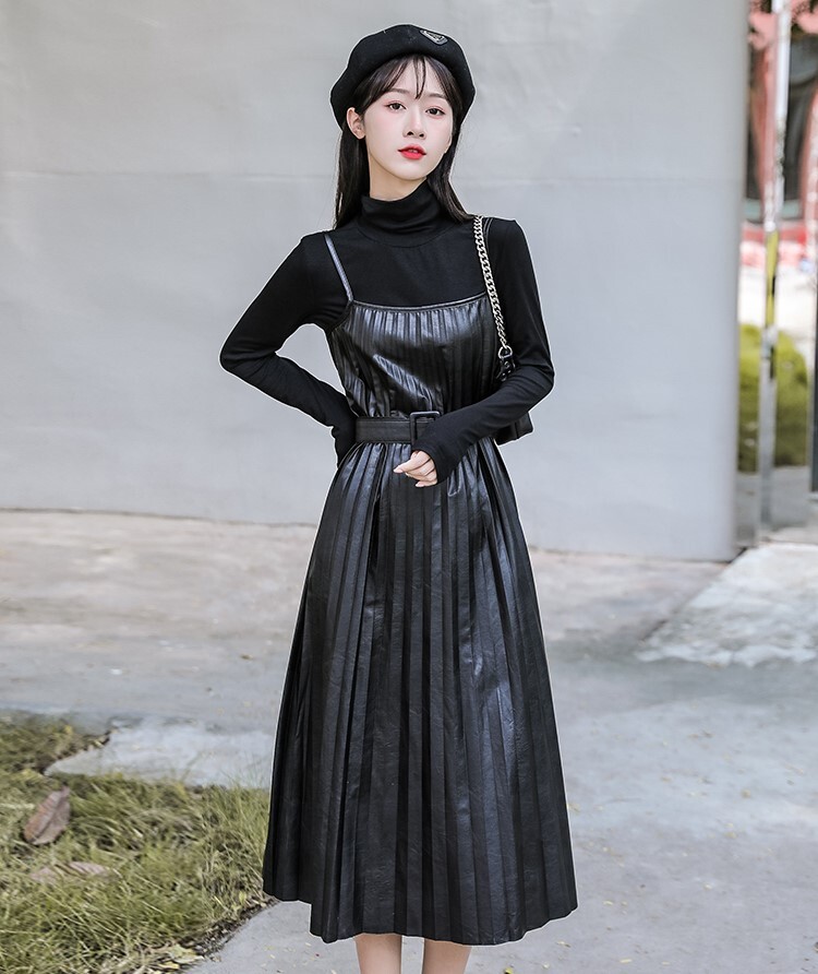 セットアップ カットソー ワンピース キャミワンピ プリーツワンピース ミモレ丈 ロング丈 萌袖 ハイネック Aライン ベルト ウエストマーク PU PUレザー 2点セット ツーピース かわいい セットアップ カットソー ワンピース キャミワンピ プリーツワンピース ミモレ丈 ロング丈 萌袖 ハイネック Aライン ベルト ウエストマーク PU PUレザー 2点セット ツーピース かわいい