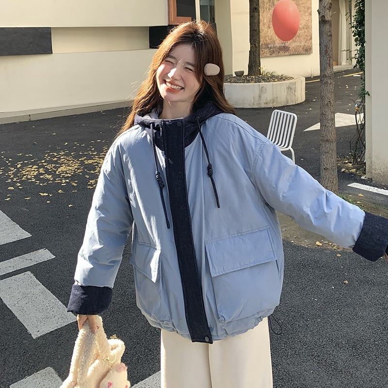 ブルー年齢を減らすカレッジスタイルのフード付きダウンジャケット2024新しい韓国カジュアル肥厚ホワイトダックダウンジャケット
