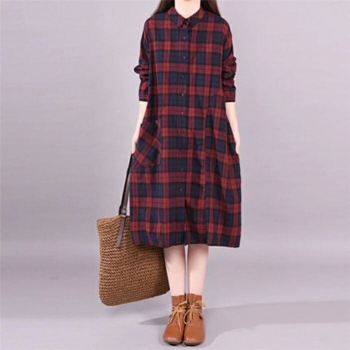 シャツワンピース チェック シャツ ワンピース ロングシャツ 長袖 ミディアム丈 シャツワンピース 大きいサイズ ゆったり 着痩せ 春 夏 秋 冬 シンプル シャツ チュニック　体型カバー ロングワン
