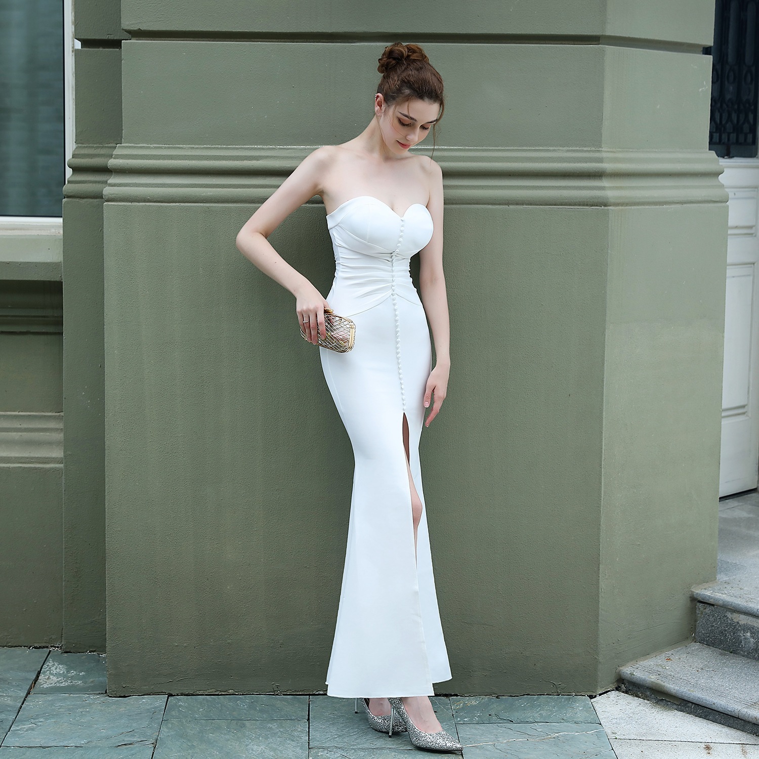 ドレス 衣装 イブニングドレス ロングドレス タイトドレス チューブトップ 胸元 スリット シャーリング バックシャン ロング丈 タイト ステージドレス 発表会 かわいい 大人可愛い きれいめ