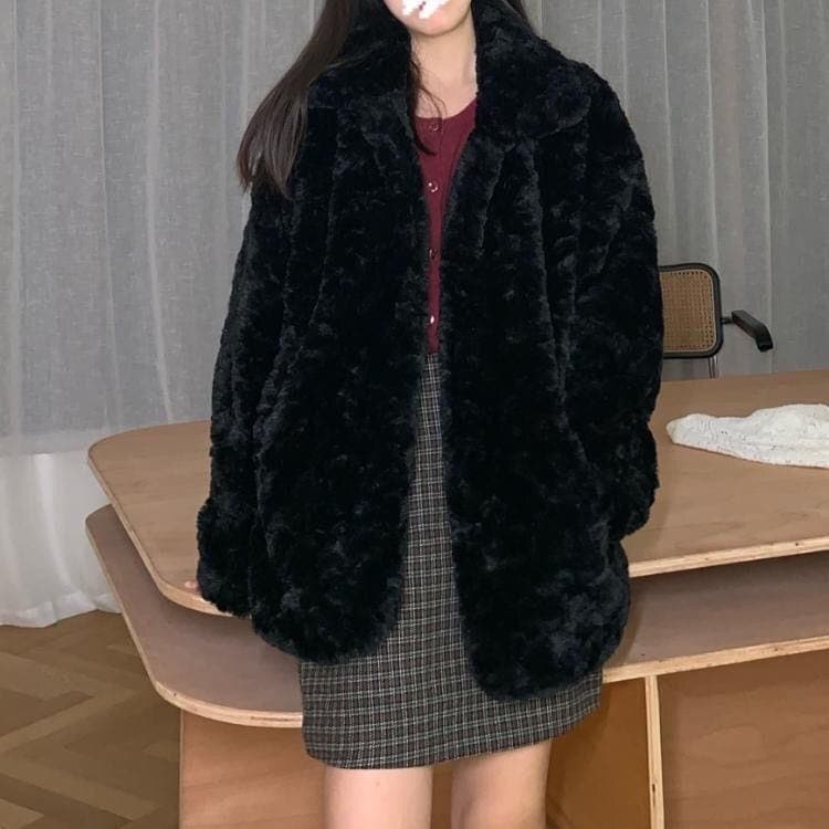 カジュアルエコファー ファージャケットコートゆったり着痩せウター ふわふわ モコモココート ロングコート