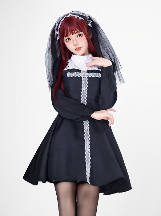 女性 ハロウィン コスプレ 衣装 ゴシック 暗黒風 ドレス 鬼花嫁 吸血鬼 修道女 巫女 コスプレ衣装 膝丈 ハロウィンドレス レディース コスチューム オペラ 演劇 舞台演出服 女性 コスプレ お化