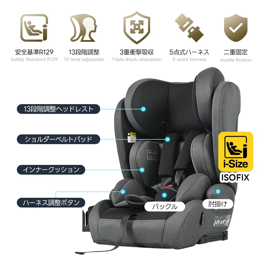 [国内発送]1823【トップテザー】新安全基準R129適合 チャイルドシート ISOFIX 生後9ヶ月-10歳頃 76～150cm ジュニアシート 長く使える 洗える 取付簡単 キッズシート ベビーシ