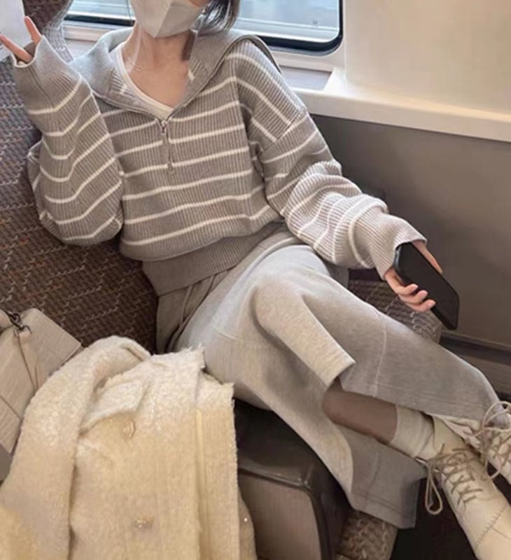 クーポン利用で半額 フェイクツーピース ニット セーター レディース 長袖 秋 冬 トップス シンプル プルオーバー ボーダー カジュアル ニットセーター 長袖ニット 重ね着風 フロントジッパー 韓国 クーポン利用で半額 フェイクツーピース ニット セーター レディース 長袖 秋 冬 トップス シンプル プルオーバー ボーダー カジュアル ニットセーター 長袖ニット 重ね着風 フロントジッパー 韓国