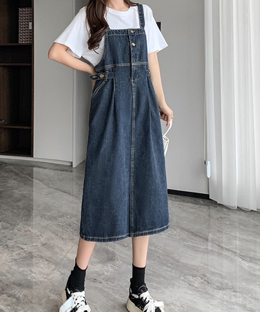 サロペット デニムワンピース 体型カバー サロペット デニムワンピース 体型カバー