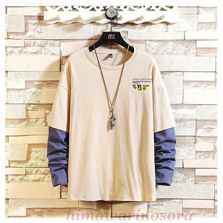 ロンt メンズ 注文割引 長袖tシャツ 重ね着風 ロングtシャツ Tシャツ ビッグ 長袖 カットソー 切り替え