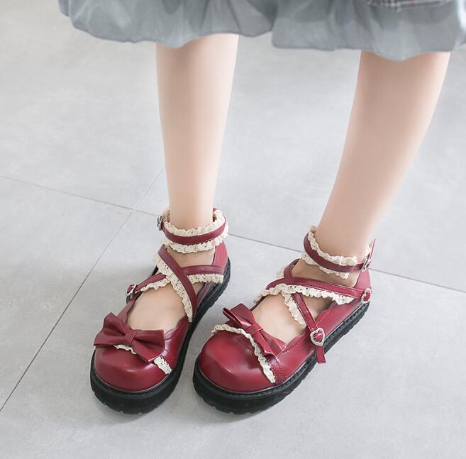 【TikTok人気新品】ロリータ 靴 ストライプ レディース ロリータ シューズ 可愛い リボン モカシン スカラップ Lolita shoes 厚底シューズ コスプレ ダンス 靴 履きやすい ブラッ_2