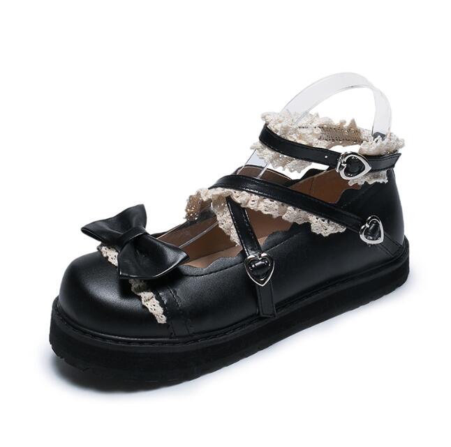【TikTok人気新品】ロリータ 靴 ストライプ レディース ロリータ シューズ 可愛い リボン モカシン スカラップ Lolita shoes 厚底シューズ コスプレ ダンス 靴 履きやすい ブラッ_3
