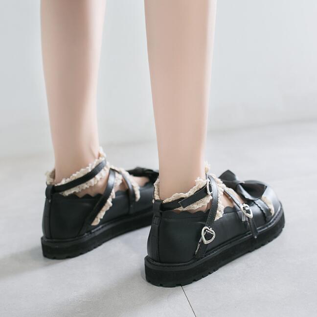【TikTok人気新品】ロリータ 靴 ストライプ レディース ロリータ シューズ 可愛い リボン モカシン スカラップ Lolita shoes 厚底シューズ コスプレ ダンス 靴 履きやすい ブラッ_4