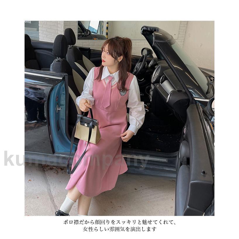 超人気,大特価 ワンピースとシャツワンピース マキシ丈 ミドル丈 長袖 レディース フェイクレイヤード ポロ襟 ボタン付き ネクタイ付き カレッジ風 ソフト 快適 着回し_3