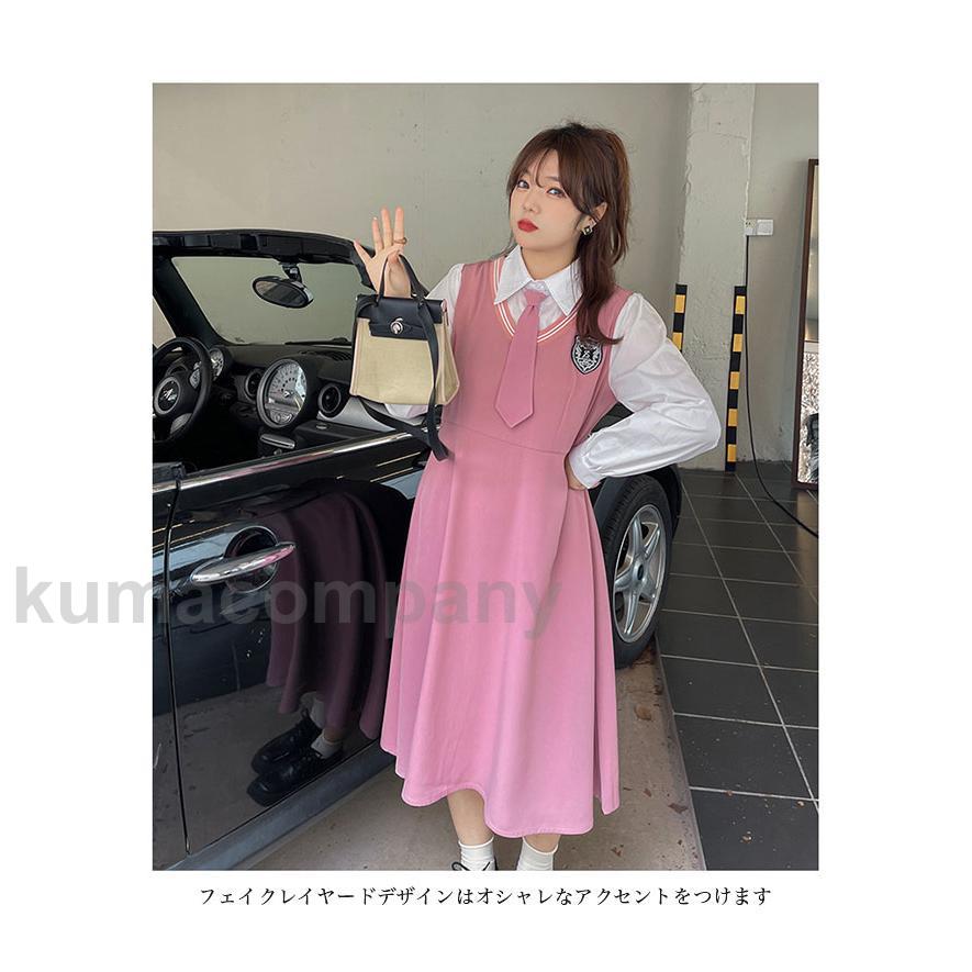 超人気,大特価 ワンピースとシャツワンピース マキシ丈 ミドル丈 長袖 レディース フェイクレイヤード ポロ襟 ボタン付き ネクタイ付き カレッジ風 ソフト 快適 着回し_4