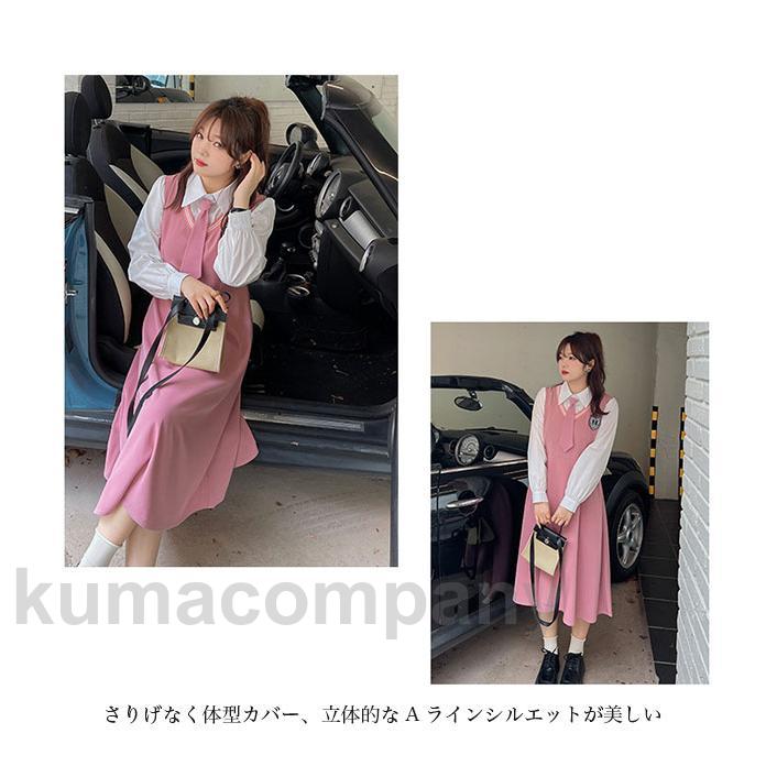 超人気,大特価 ワンピースとシャツワンピース マキシ丈 ミドル丈 長袖 レディース フェイクレイヤード ポロ襟 ボタン付き ネクタイ付き カレッジ風 ソフト 快適 着回し_5