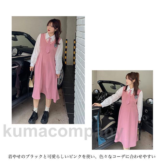 超人気,大特価 ワンピースとシャツワンピース マキシ丈 ミドル丈 長袖 レディース フェイクレイヤード ポロ襟 ボタン付き ネクタイ付き カレッジ風 ソフト 快適 着回し_8