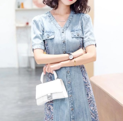 レディース ワンピース プルオーバー デニム デニムワンピース ロング 半袖 Vネック Aライン シフォン ウエストマーク ハイウエスト ウエストゴム 切り替えデザイン ドッキング ストレッチ 伸縮性