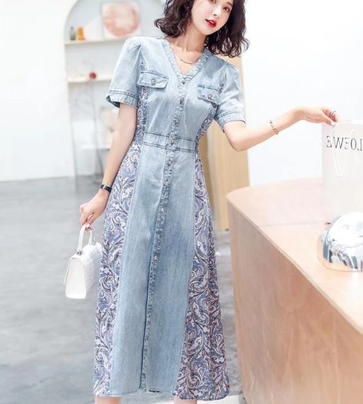 レディース ワンピース プルオーバー デニム デニムワンピース ロング 半袖 Vネック Aライン シフォン ウエストマーク ハイウエスト ウエストゴム 切り替えデザイン ドッキング ストレッチ 伸縮性