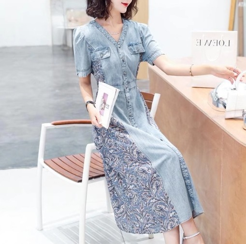 レディース ワンピース プルオーバー デニム デニムワンピース ロング 半袖 Vネック Aライン シフォン ウエストマーク ハイウエスト ウエストゴム 切り替えデザイン ドッキング ストレッチ 伸縮性