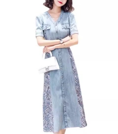 レディース ワンピース プルオーバー デニム デニムワンピース ロング 半袖 Vネック Aライン シフォン ウエストマーク ハイウエスト ウエストゴム 切り替えデザイン ドッキング ストレッチ 伸縮性