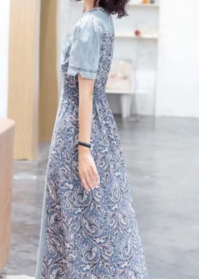 レディース ワンピース プルオーバー デニム デニムワンピース ロング 半袖 Vネック Aライン シフォン ウエストマーク ハイウエスト ウエストゴム 切り替えデザイン ドッキング ストレッチ 伸縮性