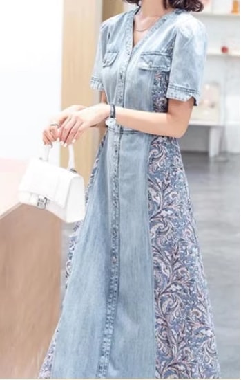 レディース ワンピース プルオーバー デニム デニムワンピース ロング 半袖 Vネック Aライン シフォン ウエストマーク ハイウエスト ウエストゴム 切り替えデザイン ドッキング ストレッチ 伸縮性