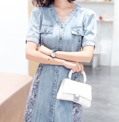 レディース ワンピース プルオーバー デニム デニムワンピース ロング 半袖 Vネック Aライン シフォン ウエストマーク ハイウエスト ウエストゴム 切り替えデザイン ドッキング ストレッチ 伸縮性