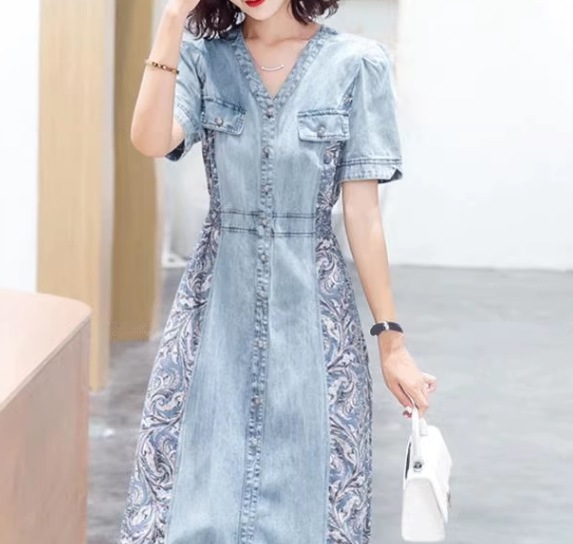 レディース ワンピース プルオーバー デニム デニムワンピース ロング 半袖 Vネック Aライン シフォン ウエストマーク ハイウエスト ウエストゴム 切り替えデザイン ドッキング ストレッチ 伸縮性