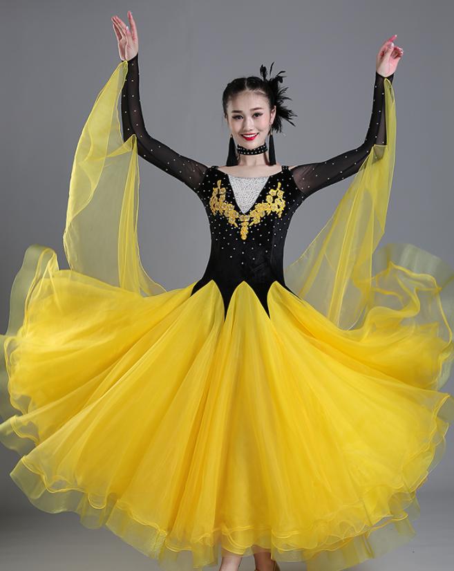 モダンドレス　スパンコールキラキラ演出ドレス　ワルツラテンタンゴ社交ダンスドレス　競技用舞台演出ロングドレス　レッスン着　大型舞台演出ドレス　大きい裾 インターナショナルダンス衣装　白赤黄3色　送料無_2