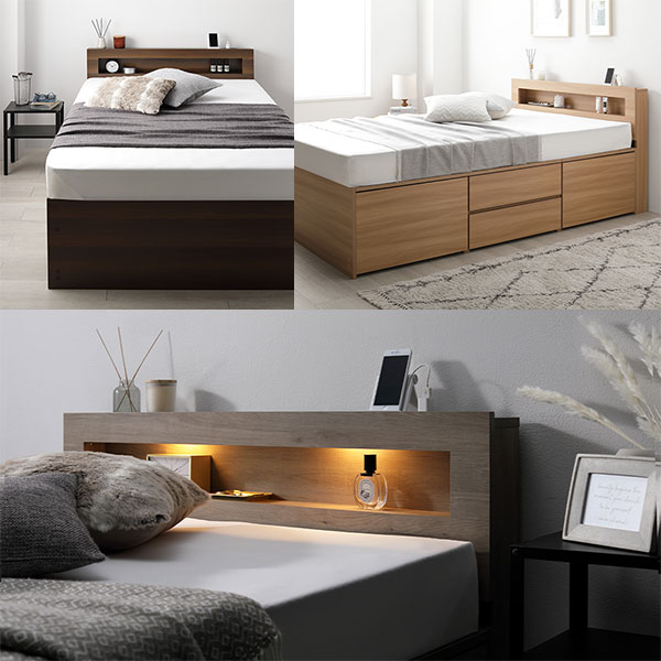 照明宮付 チェスト ベッド シングル ブラウン ボンネルコイルマットレス付 収納ベッド すのこ 大容量収納付 コンセント付 組立品