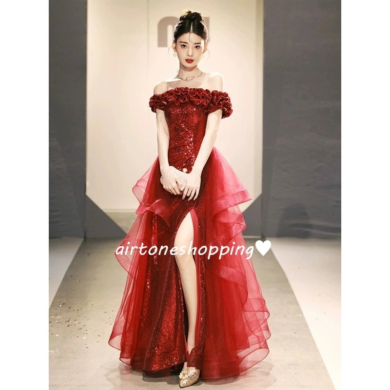 新品未使用イブニングドレス 赤 ロングドレス オフショルダードレス