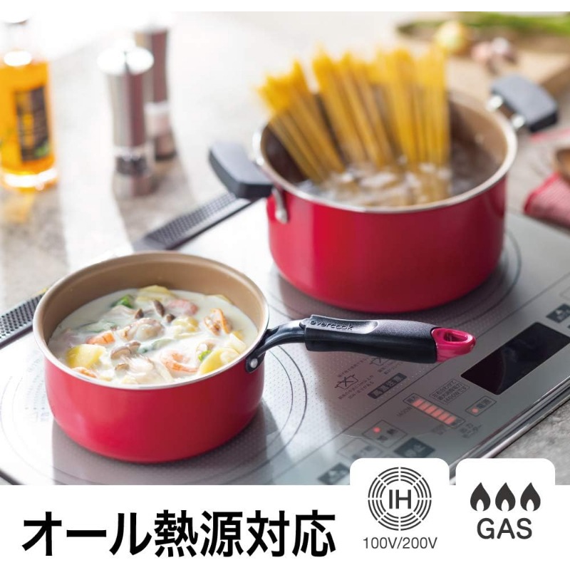 evercook エバークック 両手鍋 22cm IH対応 レッド ガラス蓋付き ドウシシャ 鍋 ih IH 深型 多層構造 フッ素