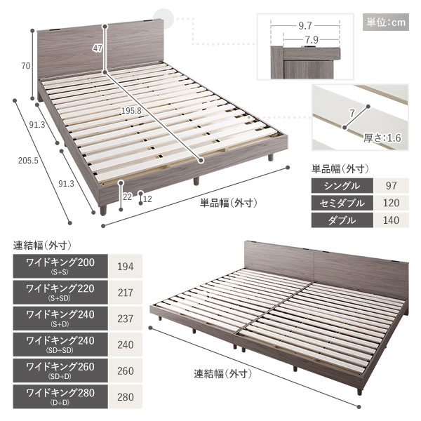 ベッド ワイドキング 200（S+S） グレージュ ポケットコイルマットレス付き 連結 すのこ 宮付 コンセント付 組立品