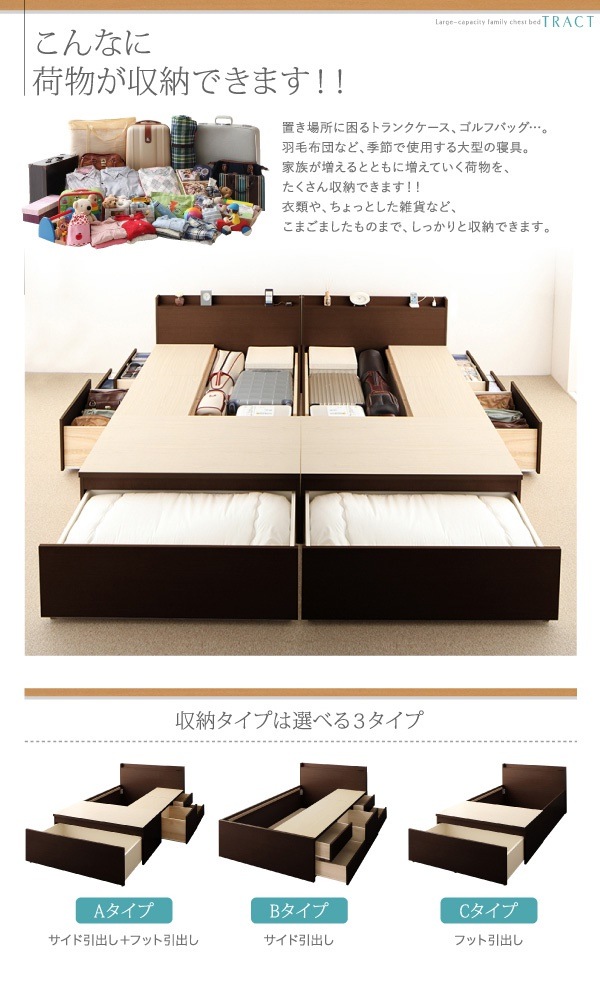 [組立設置付]大容量収納 ファミリーチェストベッド [トラクト] [薄型スタンダードボンネルコイルマットレス付き] C+C ワイドK240（SDx2） [フレーム色]ホワイト