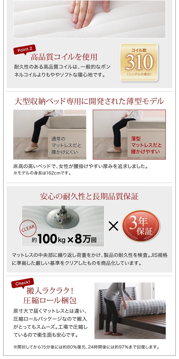 [組立設置付]大容量収納 ファミリーチェストベッド [トラクト] [薄型スタンダードボンネルコイルマットレス付き] C+C ワイドK240（SDx2） [フレーム色]ホワイト
