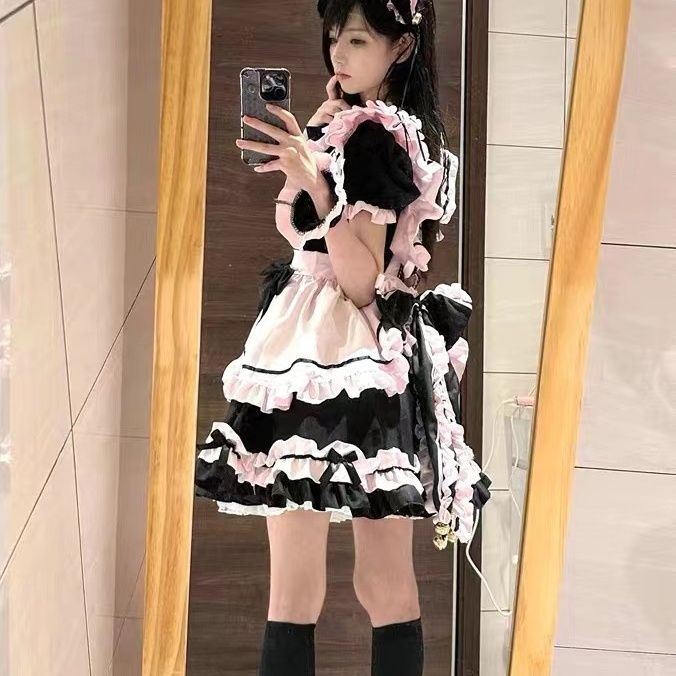 黒ピンクメイドCOS日系Loita可愛いワンピース現品可愛い甘い優しい女の子メイドワンピース短い_1