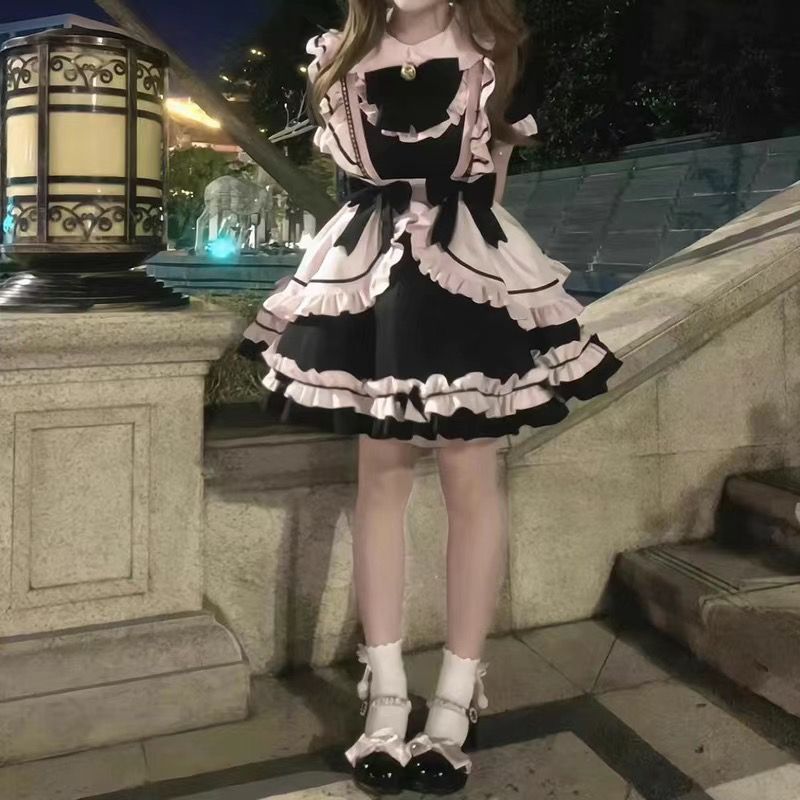 黒ピンクメイドCOS日系Loita可愛いワンピース現品可愛い甘い優しい女の子メイドワンピース短い_2