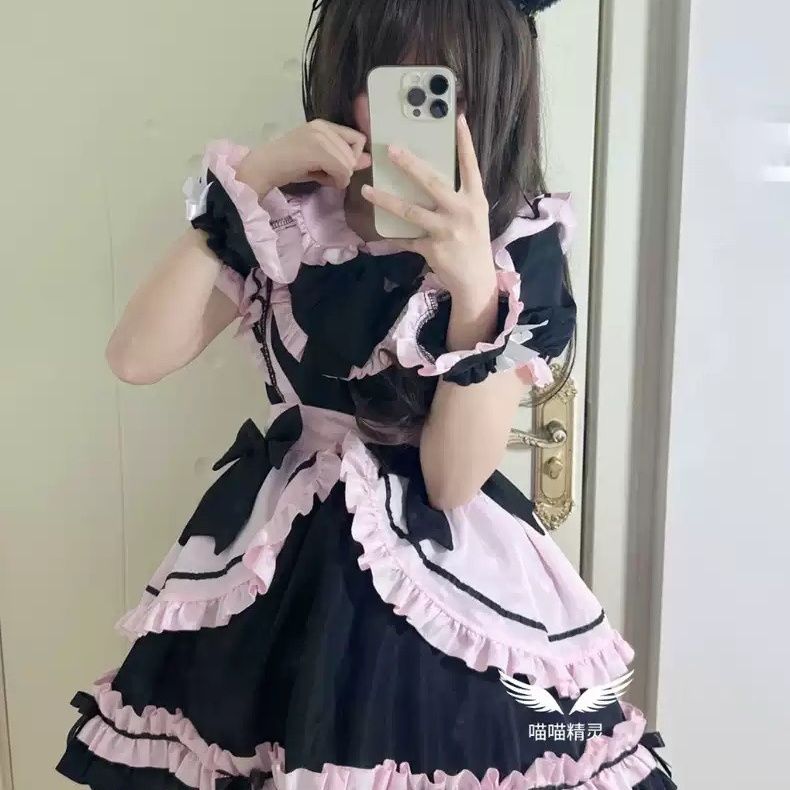 黒ピンクメイドCOS日系Loita可愛いワンピース現品可愛い甘い優しい女の子メイドワンピース短い_5