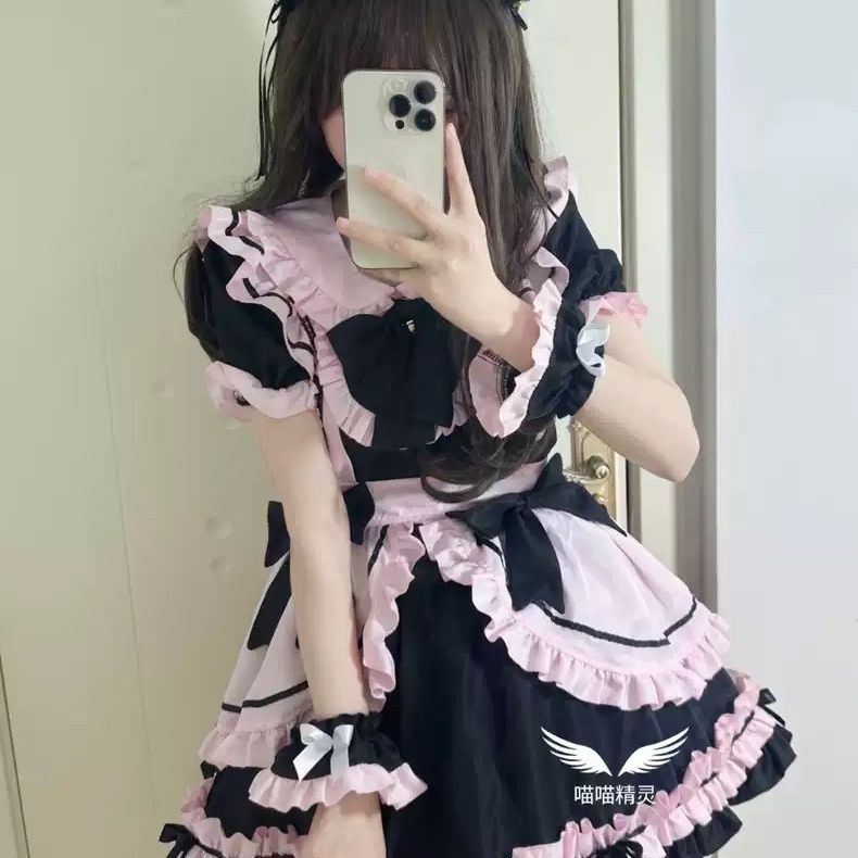 黒ピンクメイドCOS日系Loita可愛いワンピース現品可愛い甘い優しい女の子メイドワンピース短い_6