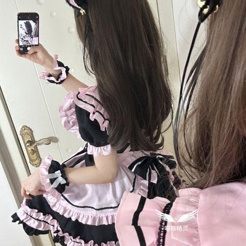 黒ピンクメイドCOS日系Loita可愛いワンピース現品可愛い甘い優しい女の子メイドワンピース短い_7