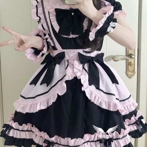 黒ピンクメイドCOS日系Loita可愛いワンピース現品可愛い甘い優しい女の子メイドワンピース短い_8