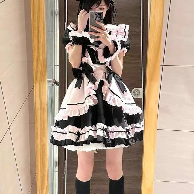 黒ピンクメイドCOS日系Loita可愛いワンピース現品可愛い甘い優しい女の子メイドワンピース短い_10